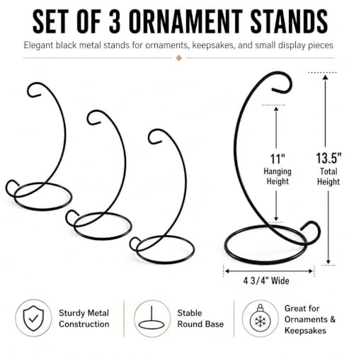 Tall Ornament Display Stands 3 Pack, Black Wrought Iron Style Hanging Stand, 13 Inch Metal Ornament Hangers for Christmas Ornaments, Glass Globes, Terrariums, Lanterns, Air Plants, Keepsakes & Holiday Decor