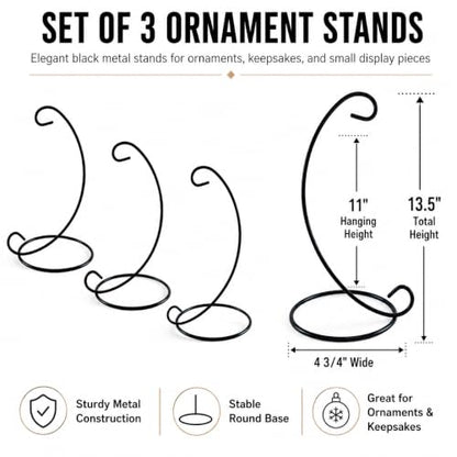 Tall Ornament Display Stands 3 Pack, Black Wrought Iron Style Hanging Stand, 13 Inch Metal Ornament Hangers for Christmas Ornaments, Glass Globes, Terrariums, Lanterns, Air Plants, Keepsakes & Holiday Decor