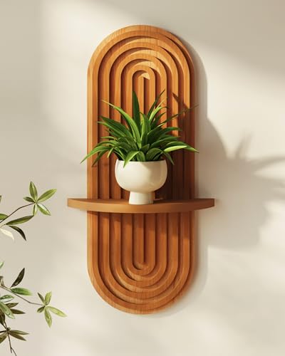 Bamworld Boho Wall Decor Plant Wall Shelf Wooden Plant Holder Brown | Mid Century Modern Decor Hanging Plant Shelf Wood Floating Shelves for Home Bedroom Living Room Holding Planter Decoration - color: Brown