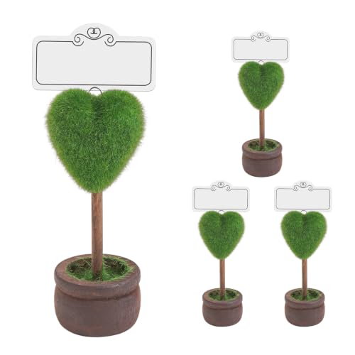4-Pieces Heart Shape Mini Plant Place Card Holder – Artificial Green Potted Memo Clip, Desk Note Holder Stand for Wedding Table, Office, Party Table Decor - color: Heart