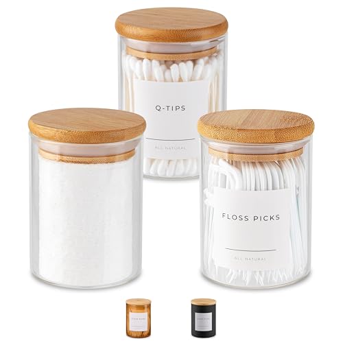 Vase and Vessel Mini Glass Apothecary Jars with Bamboo Lids, Small Bathroom and Kitchen Storage Containers, For Cotton Balls, Pads and Swabs, 10 oz, Set of 3 (Clear) - color: Clear