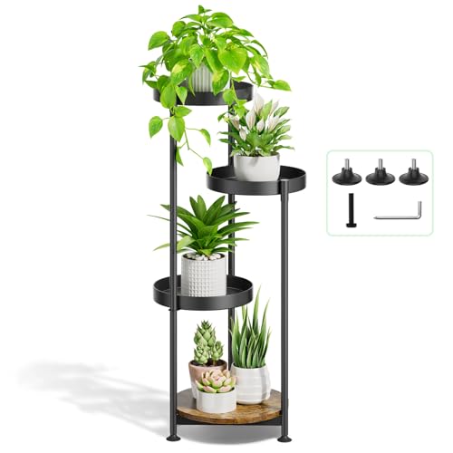 Oppro Plant Stand Indoor Outdoor, Metal Tall Flower Shelf Holder Clearance - color: Solid Black, size: 4 Tier Round