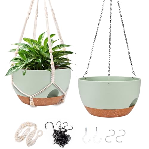 2 Pack 12 Inch Self Watering Hanging Planters for Indoor Outdoor Plants | Hanging Basket with 2 Hangers, Drainage Holes, Reservoir - color: 2 Type Plant Hangers Green, size: 12 Inch