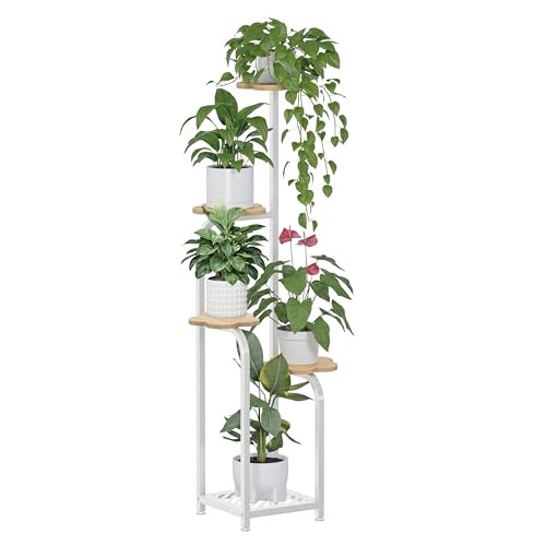 TOSKING Tall 5-Tier Corner Plant Stand Indoor, Anti-Tip, Oak & White,47in | Plywood trays,wide base and heavy-duty shelves hold multiple pots,child & pet friendly for living room, balcony, patio - color: Wood + White, size: 5tier Sq