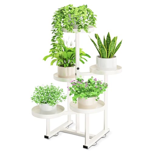 5 Tier Metal Heavy Duty Plant Stand Indoor Outdoor,27In Tall,White | 7.9In Pot,Save Space,Adjustable Foot Pad,Tiered Corner Plant Holders for Multiple Plants,Patio,Garden,Living Room, Balcony