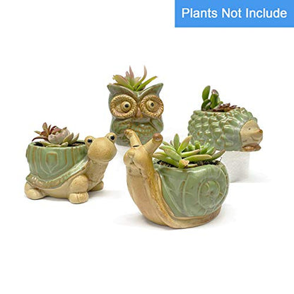Small Ceramic Succulent Pot with Drainage, Animal Succulent Planter, 4.4 Inch Flower Pots, for Flower, Cactus, Mini Succulent Plants, Indoor and Outdoor use, Set of 4 Garden Gift