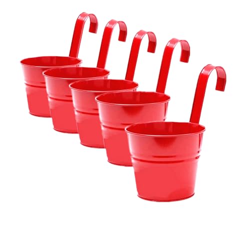 Leoyoubei Vintage Hanging Cup Holders with Removable Hooks -5 Pack Metal Iron Buckets Hanging Flower Pots Wall Fence Hanging Planter-Storage Box, Drainage Holes -5''Diameter Vase (Red) - color: Red