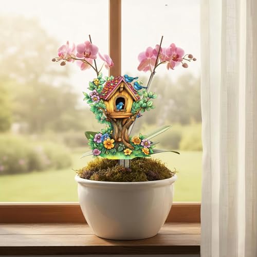 House Garden Stakes Decor Yard Acrylic - 2D Spring Garden Acrylic Sign Decoration, Yard Art, Gift for Nature Lovers, for Indoor & Outdoor Flower Pots, Yard, Mini Gardens & Lawn (5.9”x5.9”) Y36