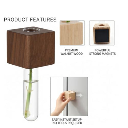 Magnetic Flower Vase 2 Pcs, Wooden Test Tube Propagation Magnet | Magnetic Single Flower Vase, Propagation Magnet, Wooden Fridge Planter, Space-Saving, Glass Tube
