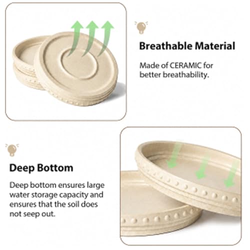 Plant Saucers, Plant Trays to Catch Water, 2 Pcs 8" Ceramic Saucer | Flower Pot Saucers fit pots up to 7", hand-painted antique beige ceramic, catches excess water to protect floors - color: Beige White