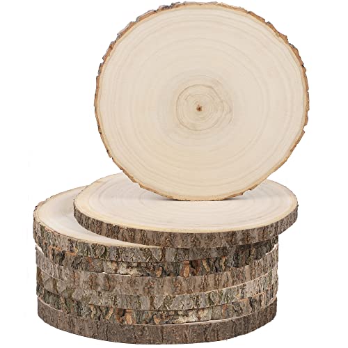 Sancodee 8 Pcs Large Unfinished Wood Slices, 9-10 Inches Wood Slabs for Centerpieces Natural Wooden Circle, DIY Wood Centerpieces for Tables Wedding Party Door Sign Decor - size: 9" - 10"
