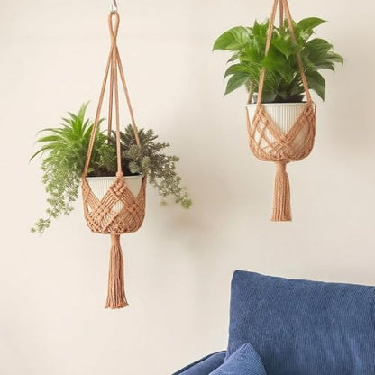 2 Pack Macrame Hanging Planters, Caramel - color: Caramel