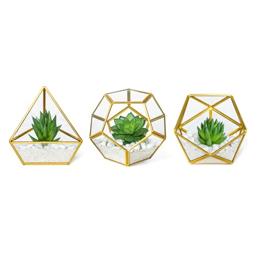 Mkono 3 Pack Fake Succulents in Geometric Glass Terrarium Gold Office Decor | Lifelike Mini Fake Plants, 3 Shapes Metal Frame Pots, Fits Desk Shelf Office Home, No Maintenance, Gift Idea for Women Girls - color: Gold,green,clear