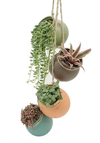 Yesland Ceramic Hanging Mini Flower Planters, Wall or Ceiling Mount - Dangling Container in Earth Tone Colored for Indoor Outdoor Decor - Set of 4