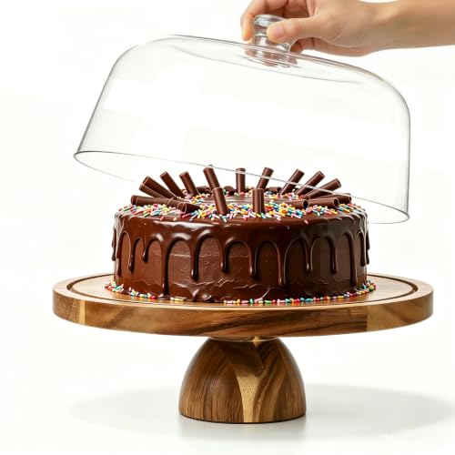 Acacia Wood Cake Stand with Acrylic Dome Lid,12 inch Round Dessert Table Display Set,2-In-1 Cake Plate with Cover, Charcuterie Board for Cheese, Chips & Dips, Nachos, Fruit Platter