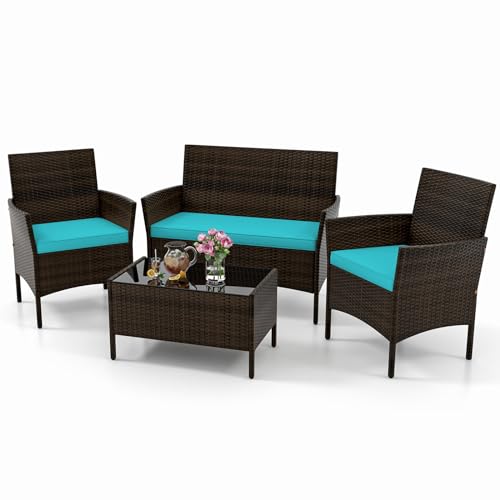 KOTEK 4 Piece Patio Furniture Set, Outdoor Rattan Conversation Set with Loveseat, Wicker Chairs, Tempered Glass Coffee Table, Wicker Patio Set for Backyard, Porch (Turquoise) - color: Turquoise