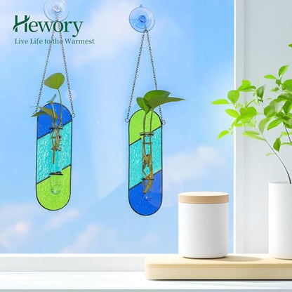 Hewory Stained Glass Window Hanging: 2PCS Propagation Stations Blue & Green - color: Blue-green