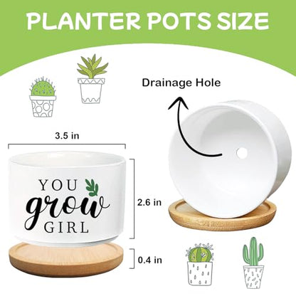 Funny Planters for Indoor Plants, Cute Plant Pots You Grow Girl Succulent Planter Cactus Pot, Ceramic Planter, Appreciation Housewarming Gifts for Women, Friends (3.5 inch Pots, No Plants) - color: You Grow Girl