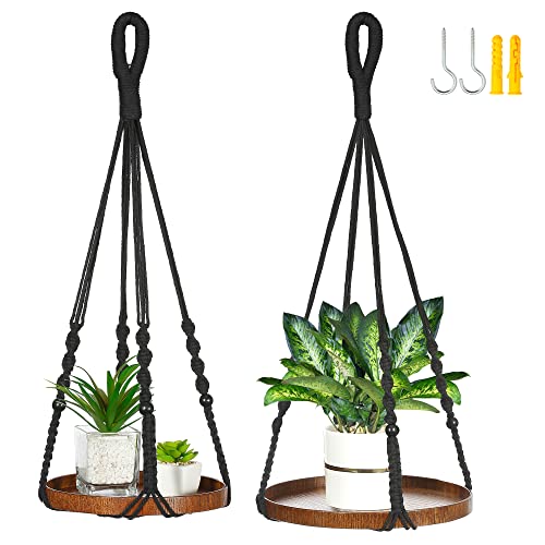 2 Pack Macrame Plant Hanger, Hanging Plant Shelf (12" + 10") | Plant Hanger Indoor, Hanging Planter, Hanging Planter Shelf - color: Black, size: 2-Pack, 1-Tier