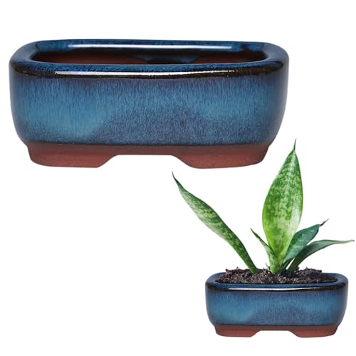 Handcrafted Ceramic Flower Pots with Drainage Holes - Rectangular Succulent Planters for Indoor/Outdoor Use, Rustic Modern Decor with Blue & Brown Marbled Design, Perfect for Flowers, Bonsai, Herbs