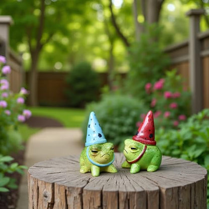 2Pcs Cute Resin Frog Figurines with Hats, Miniature Garden Animal Statues, Flower-Themed Fairy Garden Decor for Succulent Planters, Indoor & Outdoor Home Patio Yard Decoration