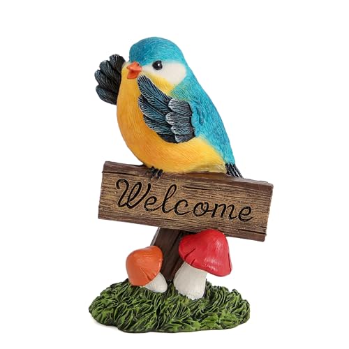 Leekung Bird Garden Statue Welcome Sign Outdoor Garden Decor for Patio Yard | Resin Bird Figurine Welcome Sign, Weather-Resistant Garden Statue for Front Porch,Entryway,Shelf,Table,Gift for Bird Lovers - color: Blue