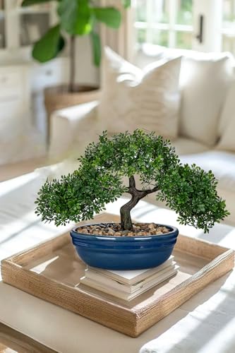 Artificial Bonsai Tree Faux Plants Indoor Fake Plants Decor with Blue Ceramic Pots for Home Table Office Desk Bathroom Shelf Bedroom Living Room Farmhouse Decor - style: Blue Glazed