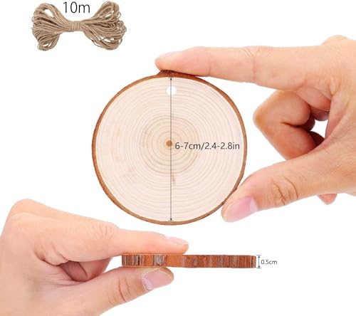 30pcs Wood Slices, BetterJonny 2.36-2.75 inch Undrilled Wooden Circles Predrilled with Hole Natural Wood Ornaments with 10 Meters Jute Rope for Arts DIY Craft - size: 30 Pcs (2.36-2.75 inch)
