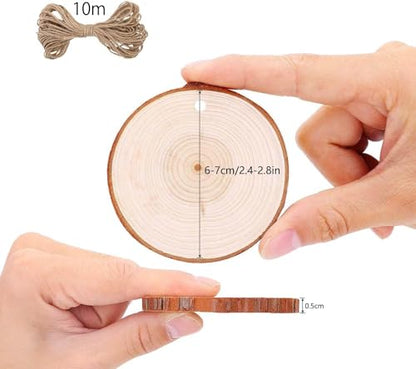 30pcs Wood Slices, BetterJonny 2.36-2.75 inch Undrilled Wooden Circles Predrilled with Hole Natural Wood Ornaments with 10 Meters Jute Rope for Arts DIY Craft - size: 30 Pcs (2.36-2.75 inch)