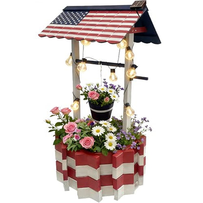 NestNature Large Americana Wooden Wishing Well Planter with Solar Lights - color: Patriotic Color&light, size: 21.75"x21.75"x47.85"
