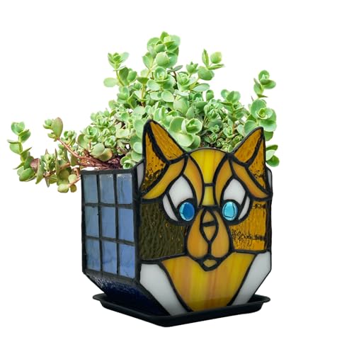 Stained Glass Yellow Cat Planter, Indoor Plant Tabletop Plant Display, Yellow Cat Small Plant Pot, Terrarium Decor, Decor Gift 4.6x3x5.15 in - color: Yellow