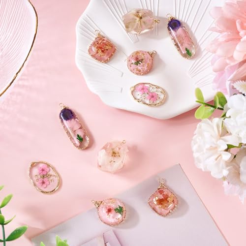 Natural Dried Pressed Flower Charms Geometric Shape Dried Flower Resin Charms Epoxy Resin Floral Pendants for DIY Crafts Necklace Earring Keychain Jewelry Making - color: Pink