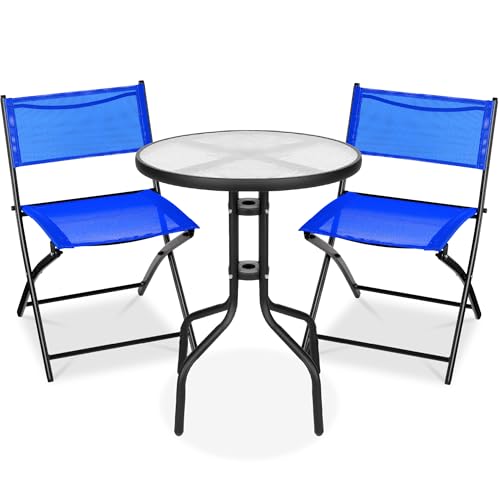 Best Choice Products 3-Piece Patio Bistro Dining Furniture Set w/Textured Glass Tabletop, 2 Steel Folding Chairs, Polyester Fabric - Resort Blue - color: Resort Blue