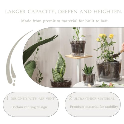 WHJY 4.7 Inch Clear Plastic Nursery Pots with Drainage Holes & Deep Saucer 3 Pack PET Round Planters for Indoor Plants Succulents Flowers Windowsill Gardening - size: 4.7”