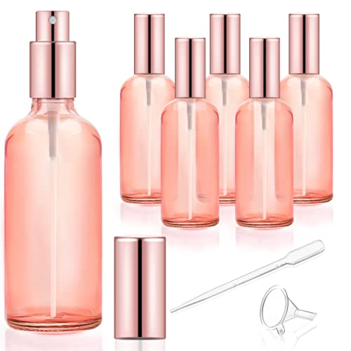 6 Pack 3.4 Oz Pink Glass Spray Bottles,Empty Perfume Fine Mist Atomizer,Refillable Travel Liquid Holder Containers for Cleaning Products,Essential Oils,Body Sprays-Rose-Golden Sprayer