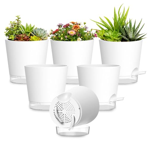 Plant Pots 5 Inch Self Watering Pots,6 Pack Plastic Planters with Drainage Holes and Clear Saucers,Plastic Flower Pots,Nursery Planting Pot for Indoor Out Door Plants (White) - color: White, size: 5 inch