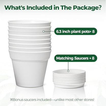 T4U Plant Pots Indoor 6 Inch 8 Pack, Plastic Flower Pots with Saucer White | Peace lily spider ivy, Kitchen windowsill shelf, Houseplant herbs basil, Durable lightweight - color: White, size: 6 inch
