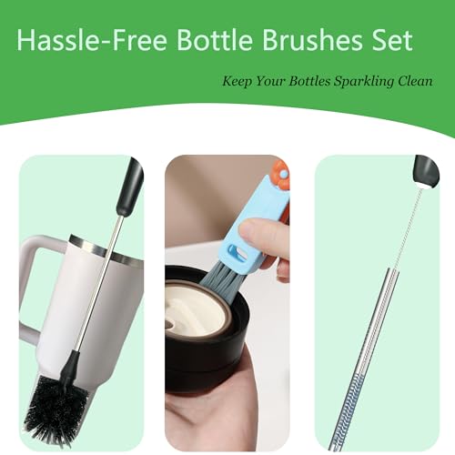 3 Pack Bottle Brush, 15 Inches Long Handle Water Bottle Cleaner Brush Set, Stainless Steel Cleaning Brushes with Straw Brush & Lid Cleaner for Sports Water Bottles, Baby Bottles, Mugs, Cups, Glassware