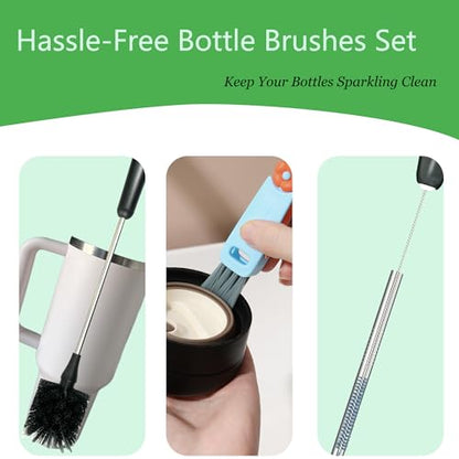 3 Pack Bottle Brush, 15 Inches Long Handle Water Bottle Cleaner Brush Set, Stainless Steel Cleaning Brushes with Straw Brush & Lid Cleaner for Sports Water Bottles, Baby Bottles, Mugs, Cups, Glassware