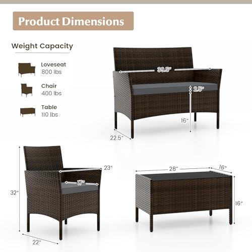 KOTEK 4 Piece Patio Furniture Set, Outdoor Rattan Conversation Set with Loveseat, Wicker Chairs, Tempered Glass Coffee Table, Wicker Patio Set for Backyard, Porch (Grey) - color: Grey