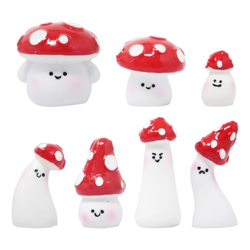 7PCS Cute Smiley Mushroom Resin Decor Set Mini Adorable Cartoon Figurines for DIY Craft, Fairy Garden, Desk Decor, Home Decoration, Party Favors, Gift for Everyone