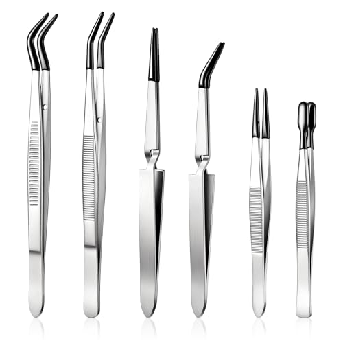 6 PCS Rubber Tipped Tweezers, Pvc Coated Precision Tweezer Flat Straight Tip Tweezer Craft Jewelry Anti Scratch Long Craft Tweezers Tools for Crafting Beads Jewelry Stamps Succulents Pet(White)