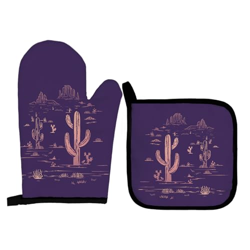 Purple Western Oven Mitts and Pot Holders Set, Cactus Kitchen Accessories, Over Mittens for Decor, Gloves Gifts - color: Purple