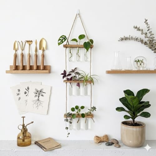 Plant Propagation Hanging Station, 3 Tier Wall Hanging Terrarium with Wooden Stand, Flower Vase Test Tube Glass Planter Stations for Hydroponic Cuttings, Home, Garden, and Office Decor