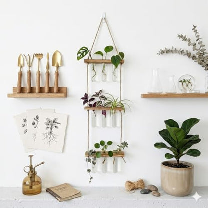 Plant Propagation Hanging Station, 3 Tier Wall Hanging Terrarium with Wooden Stand, Flower Vase Test Tube Glass Planter Stations for Hydroponic Cuttings, Home, Garden, and Office Decor