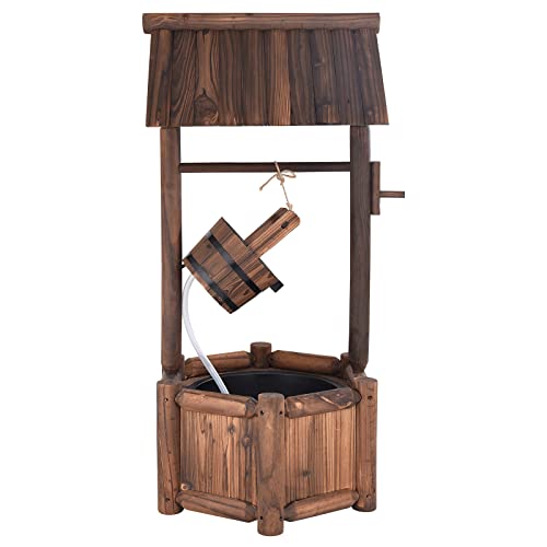 Giantex Wishing Well Water Fountain Outdoor, Rustic Wooden Waterfall Fountain with Electric Pump, Water Bucket, Freestanding Decorative Wishing Well Water Feature for Backyard Patio Garden Lawn