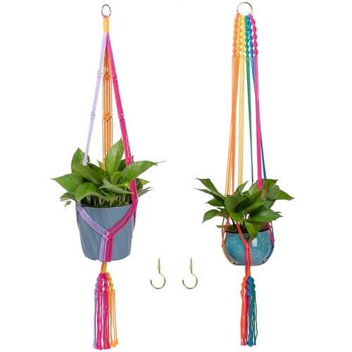 Rainbow Colorful Macrame Plant Hanger, 2 Pack | Hanging Plant Holder with 2 Hooks, Indoor Outdoor, Handmade Cotton Rope, Boho Room Decor - color: Colorful