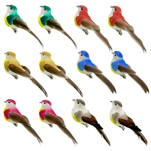 12pcs Artificial Birds Clip on Birds for Crafts Decorative Christmas Tree Ornaments Yard Patio Wreath Designs Flower Floral Arrangements Garden Home Decor (Clip Birds)