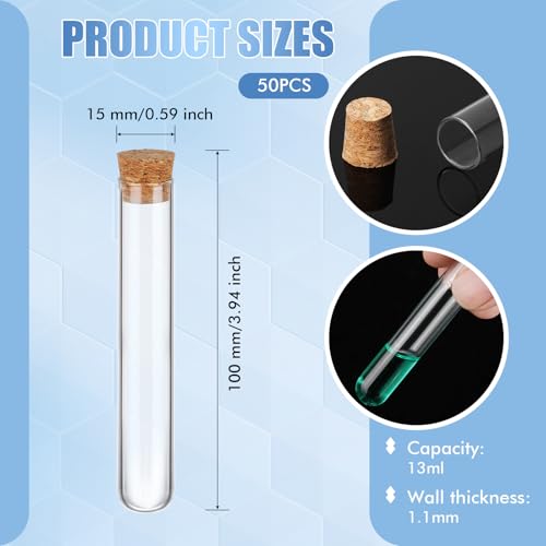 Thyle Glass Test Tubes with Cork Clear Stoppers Round Bottom Lab Test Alcohol Tampons Glass Tubes Container Vials for Plants Scientific Experiments Candy Storage Party Favors (50pcs,15 * 100mm/13ml) - size: 15*100mm/13ml