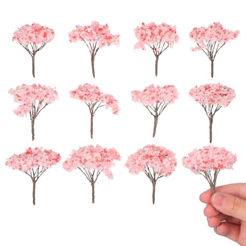 12pcs Mini Cherry Blossom Trees, Diorama Scenery for Railroad Train Layout